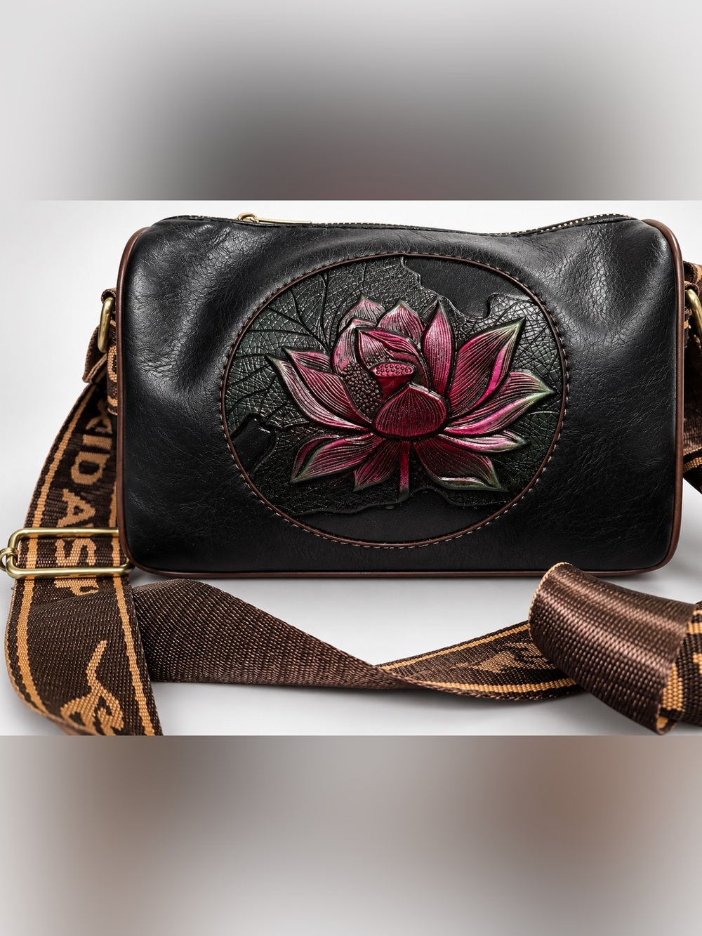 3D Lotus Floral Crossbody Bag Black Embossed Wide Strap Boho Wearable Art Purse
